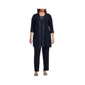 NWT Le Bos Plus Size Round Neck 3/4 Sleeve Embroidered Trim Duster 3-Piece Set